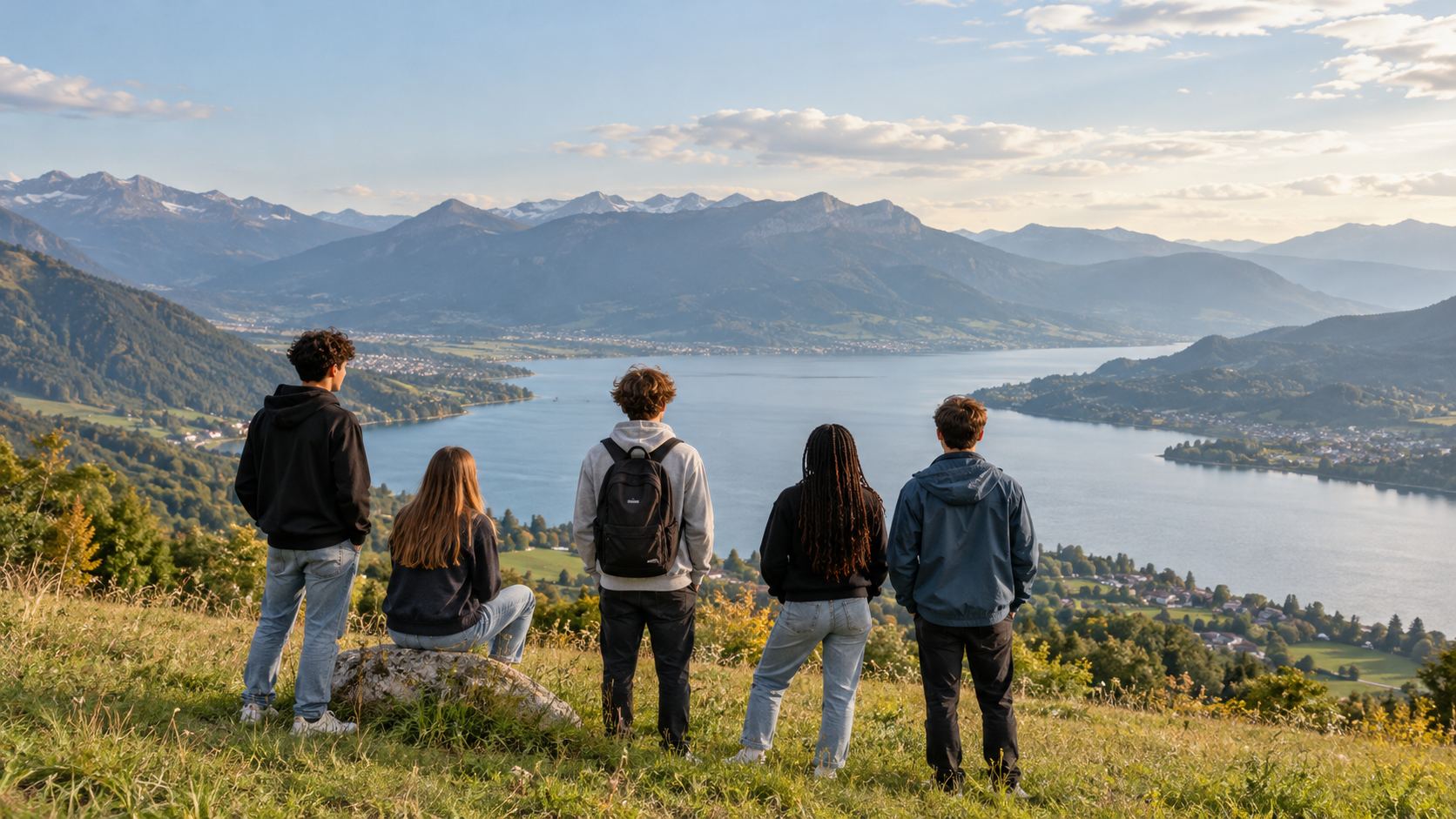 Cinq adolescents de dos contemplent un lac et des montagnes au soleil couchant